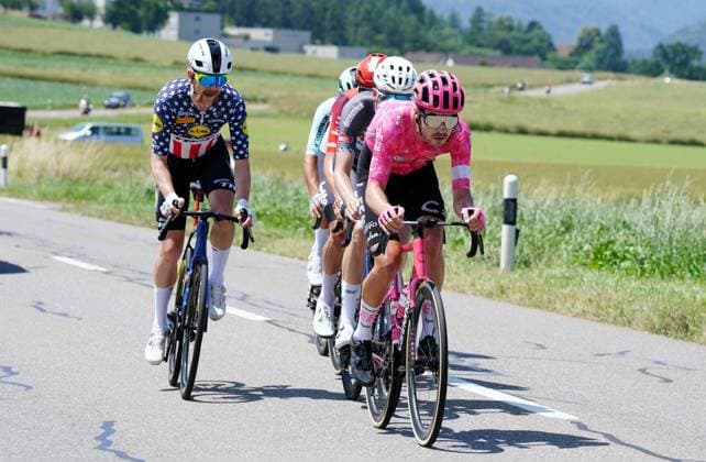 17.06.2025 Schweiz. Tour de Suisse Herren 2025 2. Etappe Aarau - Heiden. Bild : Die Ausreisser vorne Max Walker EF Education - Easypost,hinten Emiel Verstrynge Team Alpecin,Brent Van Moer Team Lotto links Quinn Simmons Team Lidl-Trek Aktion