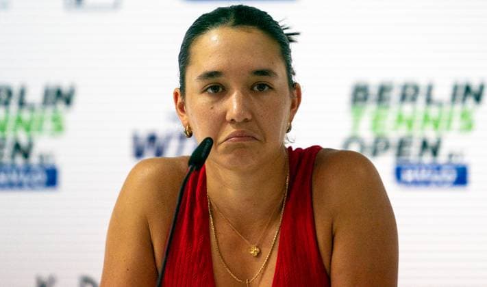 17.06.2025, WTA, Tennis Damen 500, Tennis, Damen, Berlin Tennis Open by Hylo 2025, Berlin, Doppel, 1. Runde, Marta Kostyuk (Ukraine) Eva Lys (Deutschland) - Sara Errani (Italien) Jasmine Paolini (Italien) Eva Lys (Deutschland) bei der Pressekonferenz nach dem Spiel. Berlin Steffi-Graf-Stadion Berlin Deutschland