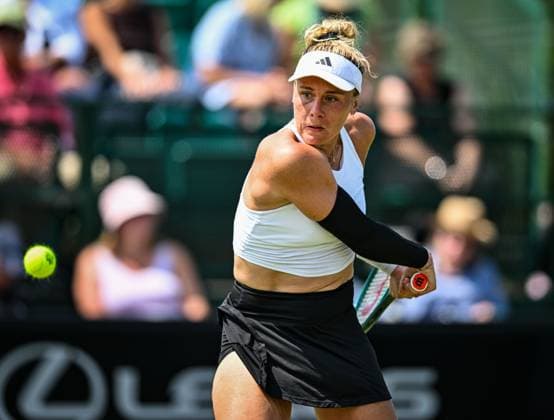 17th June 2025; Lexus Nottingham Tennis Centre, Nottingham, England; Lexus Nottingham Open, Day 2, Day two; Leolia Jeanjean (FRA) world No 92 hits a backhand return versus Sonay Kartal (gbr)  ActionPlus12801948 GodfreyxPitt