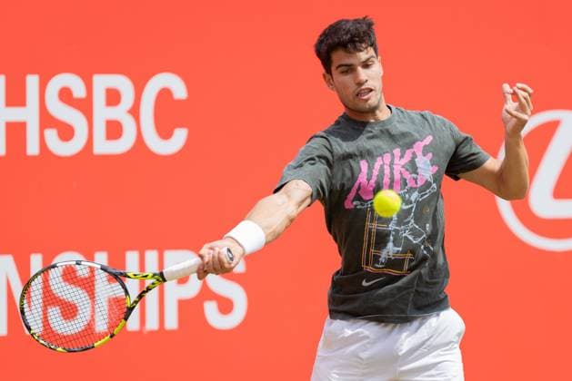 17th June 2025; HSBC Championships, Queens Club, West Kensington, London, England: HSBC Mens Championships Queens Club, Day 2; Carlos Alcaraz (ESP) during his practice session  ActionPlus12801994 IanxStephen
