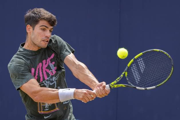 17th June 2025; HSBC Championships, Queens Club, West Kensington, London, England: HSBC Mens Championships Queens Club, Day 2; Carlos Alcaraz (ESP) during his practice session  ActionPlus12801995 IanxStephen