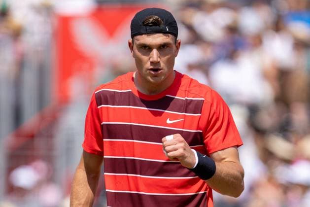 17th June 2025; HSBC Championships, Queens Club, West Kensington, London, England: HSBC Mens Championships Queens Club, Day 2; Jack Draper (GBR) celebrates a game won against Jenson Brooksby (USA)  ActionPlus12802028 IanxStephen