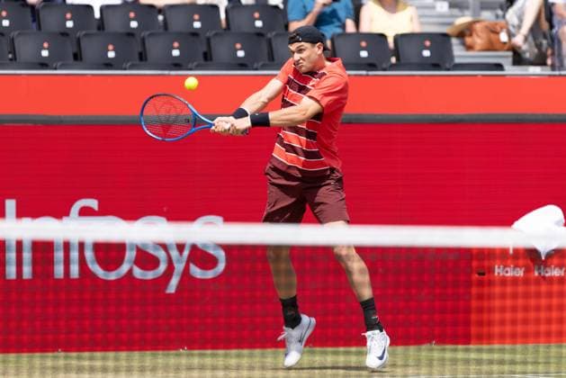 17th June 2025; HSBC Championships, Queens Club, West Kensington, London, England: HSBC Mens Championships Queens Club, Day 2; Jack Draper (GBR) plays a backhand shot against Jenson Brooksby (USA)  ActionPlus12802017 IanxStephen