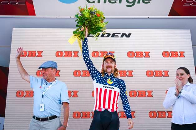 Sport Bilder des Tages Tour de Suisse 2025 Stage 3 HEIDEN, SWITZERLAND - JUNE 17 : Simmons Quinn (USA) of Lidl - Trek on the podium during stage 3 of the 88th edition of Tour de Suisse an UCI World Tour 2.UWT cycling road race stage for Men Elite of 195.6 km with start in Aarau and finish in Heiden on June 17, 2025 in Heiden, Switzerland, 17 06 2025 ( Motordriver Kenny Verfaillie - Heiden Switzerland  Copyright: xVincentxKalutx