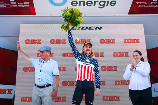Tour de Suisse 2025 Stage 3 HEIDEN, SWITZERLAND - JUNE 17 : Simmons Quinn (USA) of Lidl - Trek on the podium during stage 3 of the 88th edition of Tour de Suisse an UCI World Tour 2.UWT cycling road race stage for Men Elite of 195.6 km with start in Aarau and finish in Heiden on June 17, 2025 in Heiden, Switzerland, 17 06 2025 ( Motordriver Kenny Verfaillie - Heiden Switzerland  Copyright: xVincentxKalutx