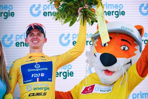 Tour de Suisse 2025 Stage 3 HEIDEN, SWITZERLAND - JUNE 17 : Gregoire Romain (FRA) of Groupama - FDJ with the yellow jersey on the podium during stage 3 of the 88th edition of Tour de Suisse an UCI World Tour 2.UWT cycling road race stage for Men Elite of 195.6 km with start in Aarau and finish in Heiden on June 17, 2025 in Heiden, Switzerland, 17 06 2025 ( Motordriver Kenny Verfaillie - Heiden Switzerland  Copyright: xVincentxKalutx