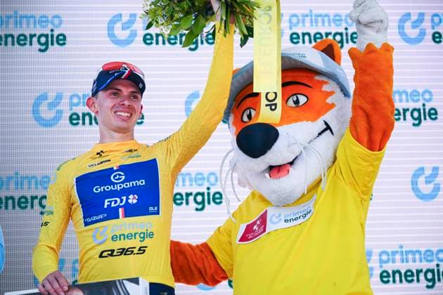 Tour de Suisse 2025 Stage 3 HEIDEN, SWITZERLAND - JUNE 17 : Gregoire Romain (FRA) of Groupama - FDJ with the yellow jersey on the podium during stage 3 of the 88th edition of Tour de Suisse an UCI World Tour 2.UWT cycling road race stage for Men Elite of 195.6 km with start in Aarau and finish in Heiden on June 17, 2025 in Heiden, Switzerland, 17 06 2025 ( Motordriver Kenny Verfaillie - Heiden Switzerland  Copyright: xVincentxKalutx
