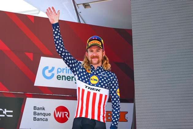 Tour de Suisse 2025 Stage 3 HEIDEN, SWITZERLAND - JUNE 17 : Simmons Quinn (USA) of Lidl - Trek on the podium during stage 3 of the 88th edition of Tour de Suisse an UCI World Tour 2.UWT cycling road race stage for Men Elite of 195.6 km with start in Aarau and finish in Heiden on June 17, 2025 in Heiden, Switzerland, 17 06 2025 ( Motordriver Kenny Verfaillie - Heiden Switzerland  Copyright: xVincentxKalutx