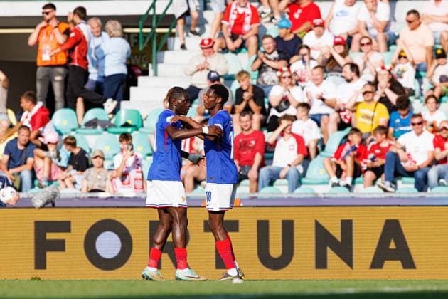 Players of France seen celebrating after goal from Djaoui Cisse during UEFA EURO, EM, Europameisterschaft,Fussball U-21 2025 game between national teams of France and Poland (Maciej Rogowski) Zilina Stadion pod Dubnom Slovakia Copyright: xMaciejxRogowskix frapolu21-4