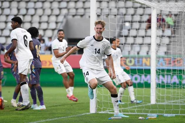 UEFA U19 European Championship, EM, Europameisterschaft 2025 - Germany - England - Ilie Oana Stadium Leopold Wurm celebrates after scoring his side forth goal during the UEFA Under-19 European Championship Romania 2025 football match between Germany and England at Arcul de Triumf Stadium in Bucharest, Romania, June 17, 2025. Alex Nicodim Imago Images Copyright: xAlexxNicodimx
