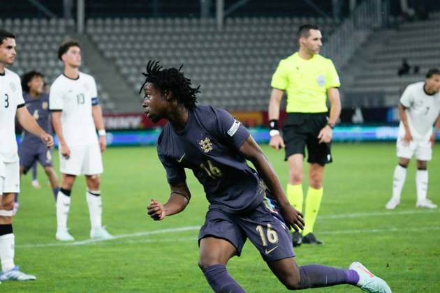 UEFA European Under-19 Championship 2025 Group B: Germany vs. England Reiss-Alexander Russell-Denny scores and celebrates during the UEFA European Under-19 Championship 2025 Group B: Germany vs. England on 17 June 2025, at Arcul de Triumf Stadium, in Bucharest, Romania Bucharest Arcul de Triumf Stadium Romania Copyright: xAlexandraxFechetex _ADR2635