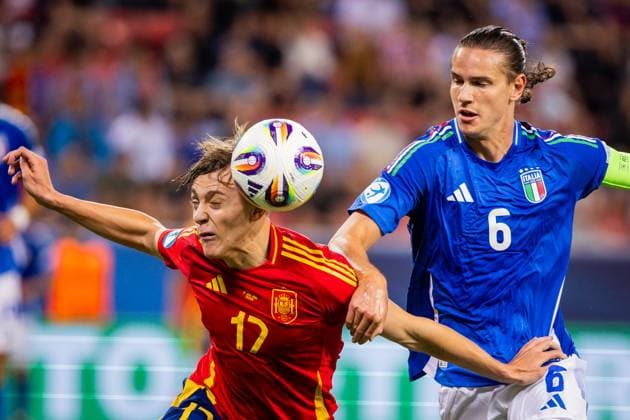 SPAIN U21, U 21 - ITALY U21 Jesus Rodriguez of Spain and Daniele Ghilardi of Italy during the UEFA European Under-21 Championship 2025 Group A football match between Spain U21 and Italy U21. City Arena Stadium, Trnava, Slovakia, June 17, 2025. Photo by Branislav Racko Copyright: xx 080A7770