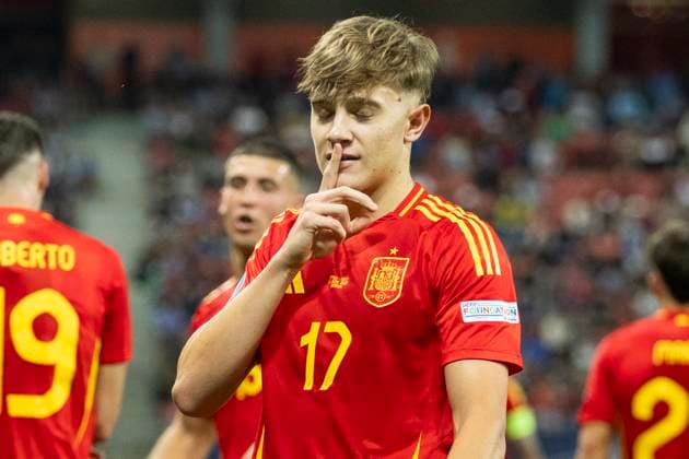 UEFA U21, U 21 Europameisterschaft: Spanien - Italien; 17.06.2025 Jesus Rodriguez (Spanien, 17) jubelt nach seinem Tor bei der UEFA U21-Europameisterschaft im Spiel Spanien - Italien, am 17.06.2025, Anton Malatinsky Stadium, Trnava, Slowakei Copyright: xBEAUTIFULxSPORTS Meuselx