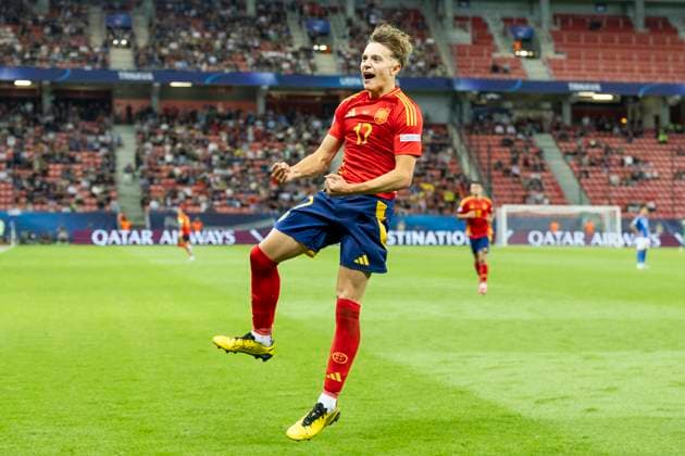 UEFA U21, U 21 Europameisterschaft: Spanien - Italien; 17.06.2025 Jesus Rodriguez (Spanien, 17) jubelt nach seinem Tor bei der UEFA U21-Europameisterschaft im Spiel Spanien - Italien, am 17.06.2025, Anton Malatinsky Stadium, Trnava, Slowakei Copyright: xBEAUTIFULxSPORTS Meuselx