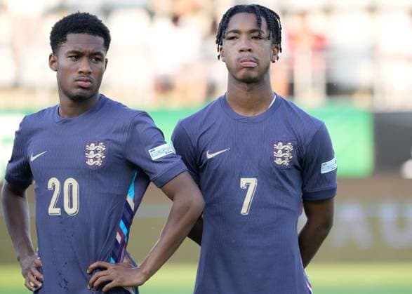 UEFA European Under-19 Championship 2025 Group B: Germany vs. England Jayden Meghoma of England National Under-19 Football Team and Samuel Amo-Ameyaw of England National Under-19 Football Team in action during the UEFA European Under-19 Championship 2025 Group B: Germany vs. England team line-up on 17 June 2025, at Arcul de Triumf Stadium, in Bucharest, Romania Bucharest Arcul de Triumf Stadium Romania Copyright: xAlexandraxFechetex _ADR1727