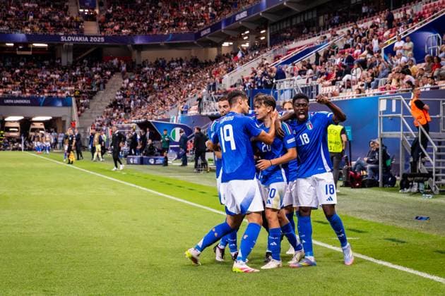 SPAIN U21, U 21 - ITALY U21 Gabriele Guarino, NiccolÃ² Pisilli, Issa Doumbia of Italy celebrate a goal during the UEFA European Under-21 Championship 2025 Group A football match between Spain U21 and Italy U21. City Arena Stadium, Trnava, Slovakia, June 17, 2025. Photo by Branislav Racko Copyright: xBranislavxRackox AS0I1021-Enhanced-NR