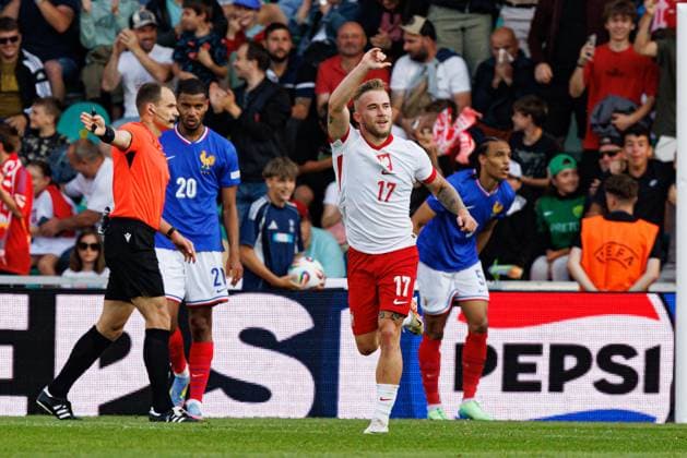 Mariusz Fornalczyk seen celebrating after scoring goal during UEFA EURO, EM, Europameisterschaft,Fussball U-21 2025 game between national teams of France and Poland (Maciej Rogowski) Zilina Stadion pod Dubnom Slovakia Copyright: xMaciejxRogowskix francepolandu21-354