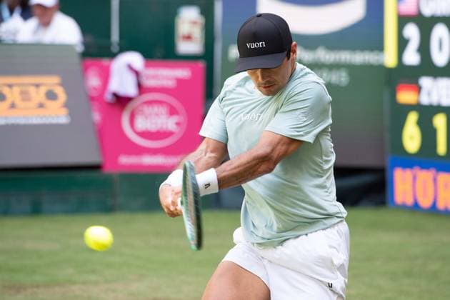 Marcos GIRON (USA) Aktion Marcos Giron (USA) vs. Alexander Zverev (GER) Tennis Terra Wortmann Open 2025 am 18.06.2025 in der OWL Arena Halle Westfalen, Deutschland. Â