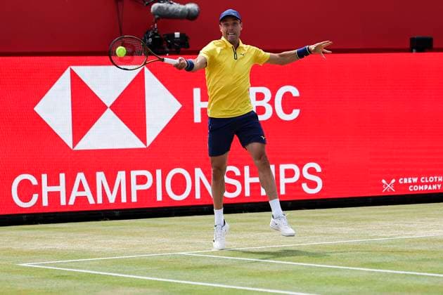 18th June 2025; HSBC Championships, Queens Club, West Kensington, London, England: HSBC Mens Championships Queens Club, Day 3; Roberto Bautista Agut (ESP) plays a forehand shot against Jakub Mensik (CZE)  ActionPlus12802227 HenningxVonxJagow