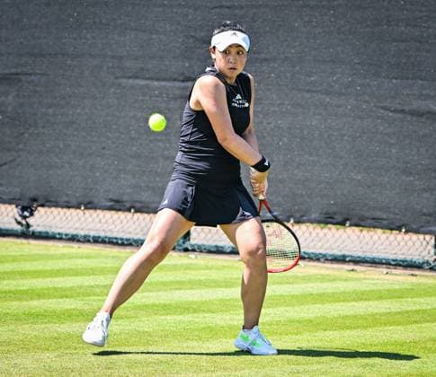 18th June 2025; Lexus Nottingham Tennis Centre, Nottingham, England; Lexus Nottingham Open, Day 3; Makoto Ninomiya (JPN) world No 58 prepares to hit a backhand in the second round match with her partner Ulrikke Eikeri (NOR) world No 57 against Aldila Sutjiadi (IDN) world No 45 and Eri Hozumi (JPN) world No 45  ActionPlus12802238 GodfreyxPitt