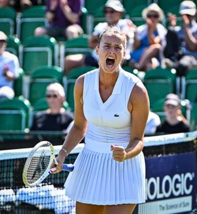 18th June 2025; Lexus Nottingham Tennis Centre, Nottingham, England; Lexus Nottingham Open, Day 3; Isabelle Haverlag (NED) world No 97 celebrates winning a point in the second round match with her partner Maia Lumsden (GBR) world No 70 against Anna Danilina (KAZ) world No 9 and Ena Shibahara (JPN) world No 59  ActionPlus12802399 GodfreyxPitt