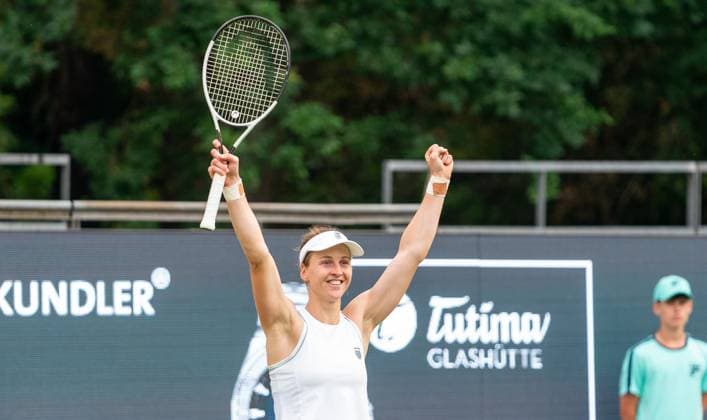 18.06.2025, WTA, Tennis Damen 500, Tennis, Damen, Berlin Tennis Open by Hylo 2025, Berlin, Einzel, 2. Runde, Liudmila Samsonova (Russland) - Jessica Pegula (USA) Liudmila Samsonova (Russland) jubelt. Berlin Steffi-Graf-Stadion Berlin Deutschland