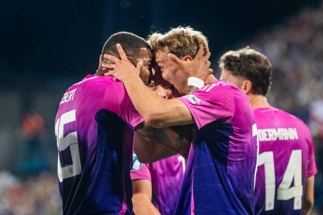 ENGLAND U21, U 21 - GERMANY U21 Nelson Weiper and Jamil Siebert of Germany celebrate a goal during the UEFA European Under-21 Championship 2025 Group B football match between England U21 and Germany U21. Stadium Nitra Arena, Nitra, Slovakia, June 18, 2025. Photo by Branislav Racko Copyright: xx _BRR2265