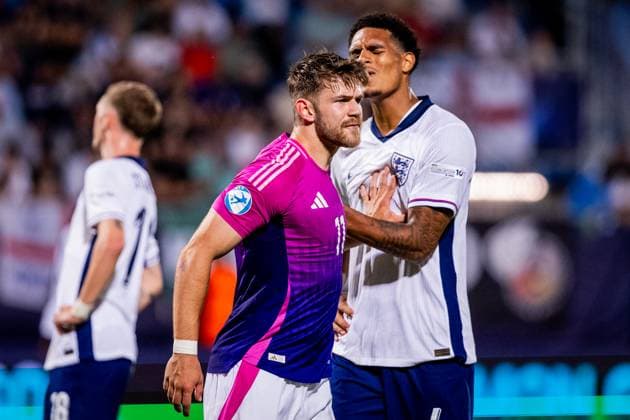 ENGLAND U21, U 21 - GERMANY U21 Jarell Quansah of England and Jan Thielmann of Germany during the UEFA European Under-21 Championship 2025 Group B football match between England U21 and Germany U21. Stadium Nitra Arena, Nitra, Slovakia, June 18, 2025. Photo by Branislav Racko Copyright: xx 080A0120