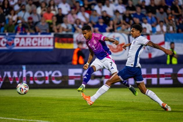 ENGLAND U21, U 21 - GERMANY U21 Jarell Quansah of England and Ansgar Knauff of Germany during the UEFA European Under-21 Championship 2025 Group B football match between England U21 and Germany U21. Stadium Nitra Arena, Nitra, Slovakia, June 18, 2025. Photo by Branislav Racko Copyright: xx 080A8586