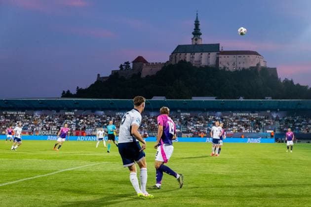 ENGLAND U21, U 21 - GERMANY U21 Charlie Cresswell of England and Nelson Weiper of Germany and view of Nitra Castle during the UEFA European Under-21 Championship 2025 Group B football match between England U21 and Germany U21. Stadium Nitra Arena, Nitra, Slovakia, June 18, 2025. Photo by Branislav Racko Copyright: xBranislavxRackox AS0I1064