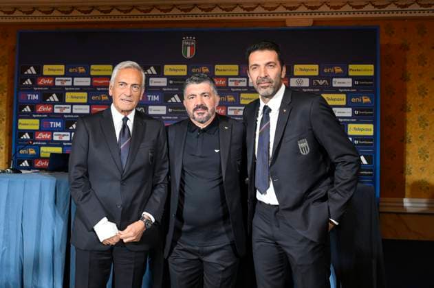 Gabriele Gravina Gennaro Gattuso and Gianluigi Buffon during the press conference, PK, Pressekonferenz to present Technical Commissioner Gennaro Gattuso at the Hotel Parco dei Principi Rome, Italy - Thursday 19 June 2025. Sports - Football.  Copyright: xFabrizioxCorradetti LaPressex