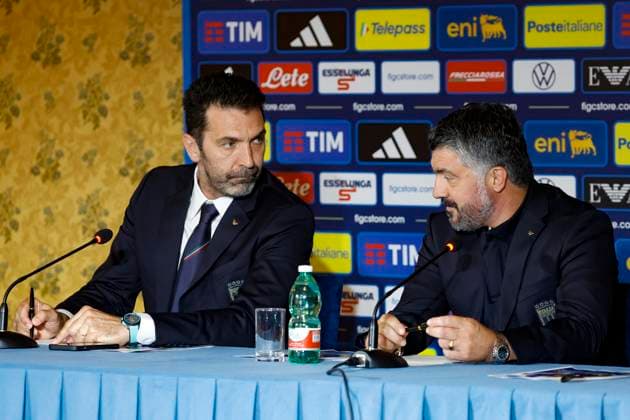 June 19, 2025, Rome, ITALY: (L-R) national team, Nationalteam s Head of the Delegation Gianluigi Buffon, Italy s national head coach Gennaro Gattuso attend a press conference, PK, Pressekonferenz during Gattuso s official presentation, Rome, Italy, 19 June 2025. ANSA FABIO FRUSTACI. Gennaro Gattuso Presented As New Italy Head Coach - ZUMAa110 20250619_zaf_a110_018 Copyright: xFabioxFrustacix