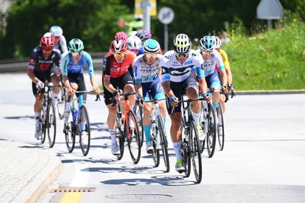Tour de Suisse 2025 Stage 5 SANTA MARIA IN CALANCA, SWITZERLAND - JUNE 19 : Romo Javier (ESP) of Movistar Team leading the escape pack during stage 5 of the 88th edition of Tour de Suisse an UCI World Tour 2.UWT cycling road race stage for Men Elite of 183.6 km with start in La Punt and finish in Santa Maria in Calanca on June 19, 2025 in Santa Maria in Calanca, Switzerland, 19 06 2025 ( Motordriver Kenny Verfaillie - Santa Maria in Calanca Switzerland  Copyright: xVincentxKalutx