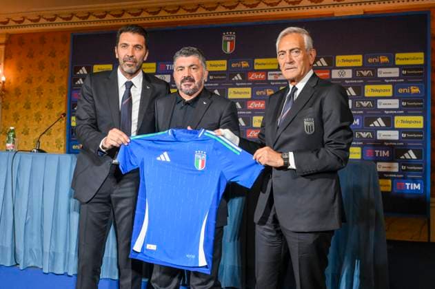 Sport Themen der Woche KW25 Sport Bilder des Tages Gianluigi Buffon Gennaro Gattuso and Gabriele Gravina during the press conference, PK, Pressekonferenz to present Technical Commissioner Gennaro Gattuso at the Hotel Parco dei Principi Rome, Italy - Thursday 19 June 2025. Sports - Football.  Copyright: xFabrizioxCorradetti LaPressex