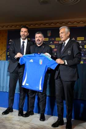 Gianluigi Buffon Gennaro Gattuso and Gabriele Gravina during the press conference, PK, Pressekonferenz to present Technical Commissioner Gennaro Gattuso at the Hotel Parco dei Principi Rome, Italy - Thursday 19 June 2025. Sports - Football.  Copyright: xFabrizioxCorradetti LaPressex