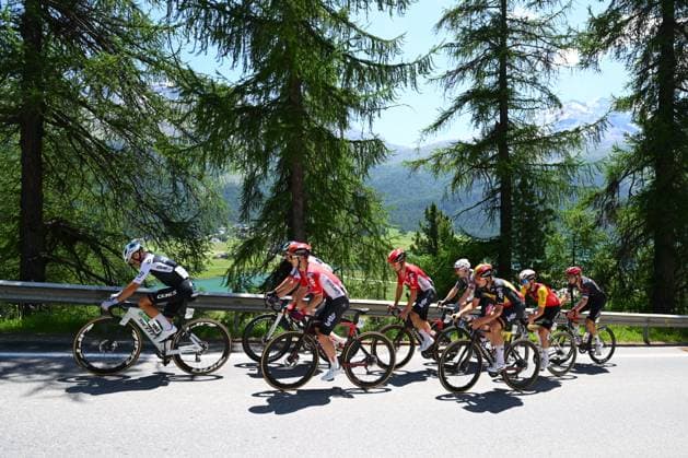 Tour de Suisse 2025 Stage 5 SANTA MARIA IN CALANCA, SWITZERLAND - JUNE 19 : Brambilla Gianluca (ITA) of Q36.5 Pro Cycling Team, De Buyst Jasper (BEL) of Lotto, Grignard Sebastien (BEL) of Lotto, De Lie Arnaud (BEL) of Lotto, Moniquet Sylvain (BEL) of Cofidis in action during stage 5 of the 88th edition of Tour de Suisse an UCI World Tour 2.UWT cycling road race stage for Men Elite of 183.6 km with start in La Punt and finish in Santa Maria in Calanca on June 19, 2025 in Santa Maria in Calanca, Switzerland, 19 06 2025 ( Motordriver Kenny Verfaillie - Santa Maria in Calanca Switzerland  Copyright: xVincentxKalutx