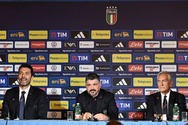 Dc Roma 19 06 2025 - presentazione Commissario Tecnico Nazionale di Calcio foto Domenico Cippitelli Image nella foto: Gianluigi Buffon-Rino Gattuso-Gabriele Gravina 