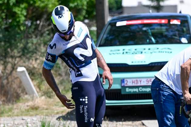 Baloise Belgium Tour 2025 Stage 2 PUTTE, BELGIUM - JUNE 19 : Crash of Gaviria Fernando (COL) of Movistar Team during stage 2 of the 94th edition of Baloise Tour of Belgium an UCI ProSeries 2.Pro cycling road race stage for Men Elite of 194.6 km with start in Beringen and finish in Putte on June 19, 2025 in Putte, Belgium, 19 06 2025 ( Motordriver Guy De Vuyst - Putte Belgium  Copyright: xNicoxVereeckenx