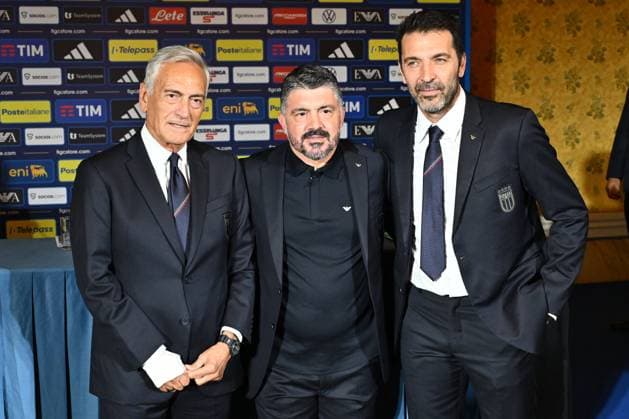 CALCIO - Altro - press conference, PK, Pressekonferenz Gennaro Gattuso new CT Italy Gianluigi Buffon, Italy new head coach Gennaro Gattuso and FIGC president Gabriele Gravina pose during the press conference at Hotel Parco dei Principi on June 19, 2025 in Rome, Italy. Rome Italy  Copyright: xIPAxSport ABACAx