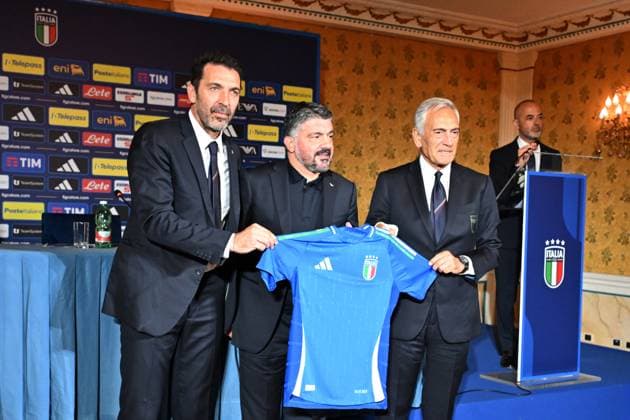 June 19, 2025, Rome, Italy: Gianluigi Buffon (L) Head of national team, Nationalteam Delegation, Gennaro Gattuso new CT of the Italian National Team, and Gabriele Gravina Federal President during the press conference, PK, Pressekonferenz of presentation Gennaro Gattuso new First Team Head Coach at Hotel Parco dei Principi in Rome. Rome Italy - ZUMAs197 20250619_aaa_s197_031 Copyright: xEmanuelexPennacchiox