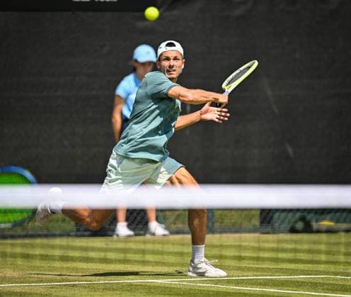 19th June 2025; Lexus Nottingham Tennis Centre, Nottingham, England; Lexus Nottingham Open, Day 4; Jakob Schnaitter (GER) hits a forehand in his quarter final match with his partner Mark Wallner (GER) against Theo Arribage (FRA) and Guido Andreozzi (ARG)  ActionPlus12802502 GodfreyxPitt