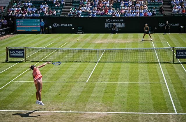 19th June 2025; Lexus Nottingham Tennis Centre, Nottingham, England; Lexus Nottingham Open, Day 4; Magda Linette (POL) serves in her quarter final match against Mingge Xu (GBR)  ActionPlus12802562 GodfreyxPitt