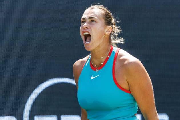 Tennis: WTA, Tennis Damen Tour, Einzel, Damen, Achtelfinale, Sabalenka (Belarus) - Masarova (Schweiz), Steffi-Graf-Stadion. Aryna Sabalenka (Belarus) freut sich über den erspielten Ball. Tennis: WTA-Tour