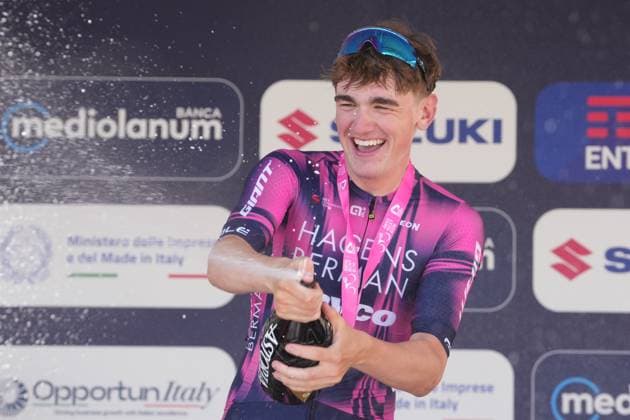 Sport Bilder des Tages RAFFERTY Adam win the race during the stage 5 of the Giro Next Gen 2025, Fiorenzuola d™Arda (Pc) Gavi (Al) 153 km , Italy - Thursday , June 19, 2025. - cycling.  Copyright: xGianxMattiaxD Albertox LaPressex
