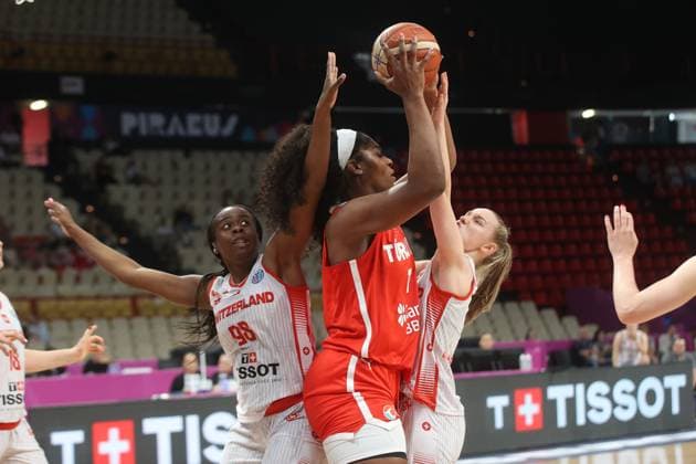 Switzerland v Turkiye - FIBA Women’s EuroBasket Group A PIRAEUS, GREECE - JUNE 19: Teaira McCowan (C) of Turkiye challenges Yverline Da Silva of Switzerland during the 2025 FIBA Women’s EuroBasket Group A match between Turkiye and Switzerland at Peace and Friendship Stadium in Piraeus, Greece, on June 19, 2025. Ayhan Mehmet Anadolu Piraeus Greece. Editorial use only. Please get in touch for any other usage.  Copyright: x2025xAnadoluxAyhanxMehmetx