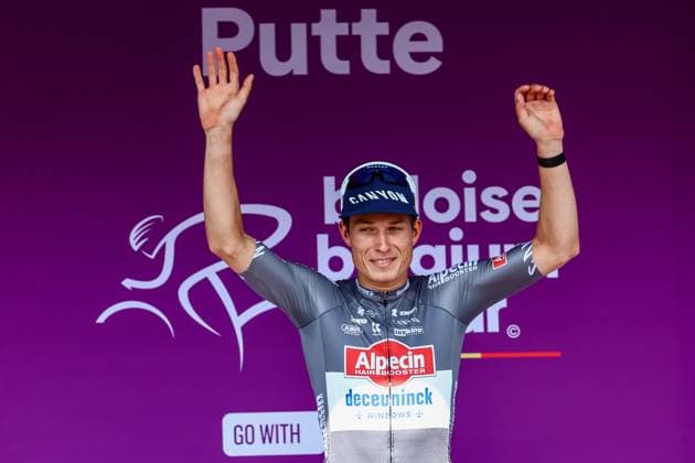 Belgian Jasper Philipsen of Alpecin-Deceuninck pictured on the podium after the second stage of the Baloise Belgium Tour cycling race, 194,6 km from Beringen to Putte, Wednesday 18 June 2025. The Baloise Belgium Tour takes place from 18 to 22 June. DAVIDxPINTENS  x127397293x