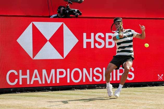 19th June 2025; HSBC Championships, Queens Club, West Kensington, London, England: HSBC Mens Championships Queens Club, Day 4; Carlos Alcaraz (ESP) plays a forehand shot against Jaume Munar (ESP)  ActionPlus12802746 HenningxVonxJagow