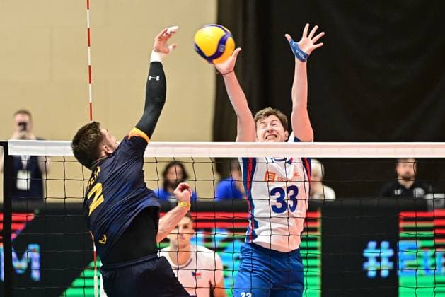 Ondrej Roman of Czech Republic (right) in action during the Men s volleyball European league game: Czechia vs Romania in Kutna Hora, Czech Republic, June 19, 2025. (CTKxPhoto JosefxVostarek) CTKPhotoP2025061907319  CTKPhotoP2025061907319
