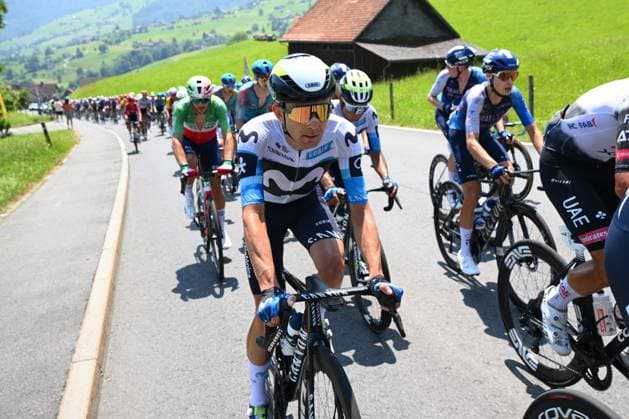 Tour de Suisse 2025 Stage 6 NEUHAUSEN AM RHEINFALL, SWITZERLAND - JUNE 20 : Movistar Team rider during stage 6 of the 88th edition of Tour de Suisse an UCI World Tour 2.UWT cycling road race stage for Men Elite of 186.7 km with start in Chur and finish in Neuhausen am Rheinfall on June 20, 2025 in Neuhausen am Rheinfall, Switzerland, 20 06 2025 ( Motordriver Kenny Verfaillie - Neuhausen am Rheinfall Switzerland  Copyright: xVincentxKalutx