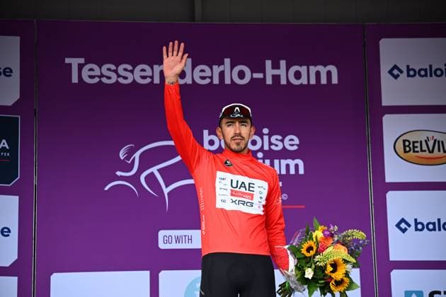 Baloise Belgium Tour 2025 Stage 3 HAM, BELGIUM - JUNE 20 : Molano Juan Sebastián (COL) of UAE Team Emirates - XRG during the podium ceremony of stage 3 of the 94th edition of Baloise Tour of Belgium an UCI ProSeries 2.Pro Individual Time Trial stage for Men Elite of 9.7 km with start in Tessenderlo and finish in Ham on June 20, 2025 in Ham, Belgium, 20 06 2025 Ham Belgium  Copyright: xTomasxSiskx